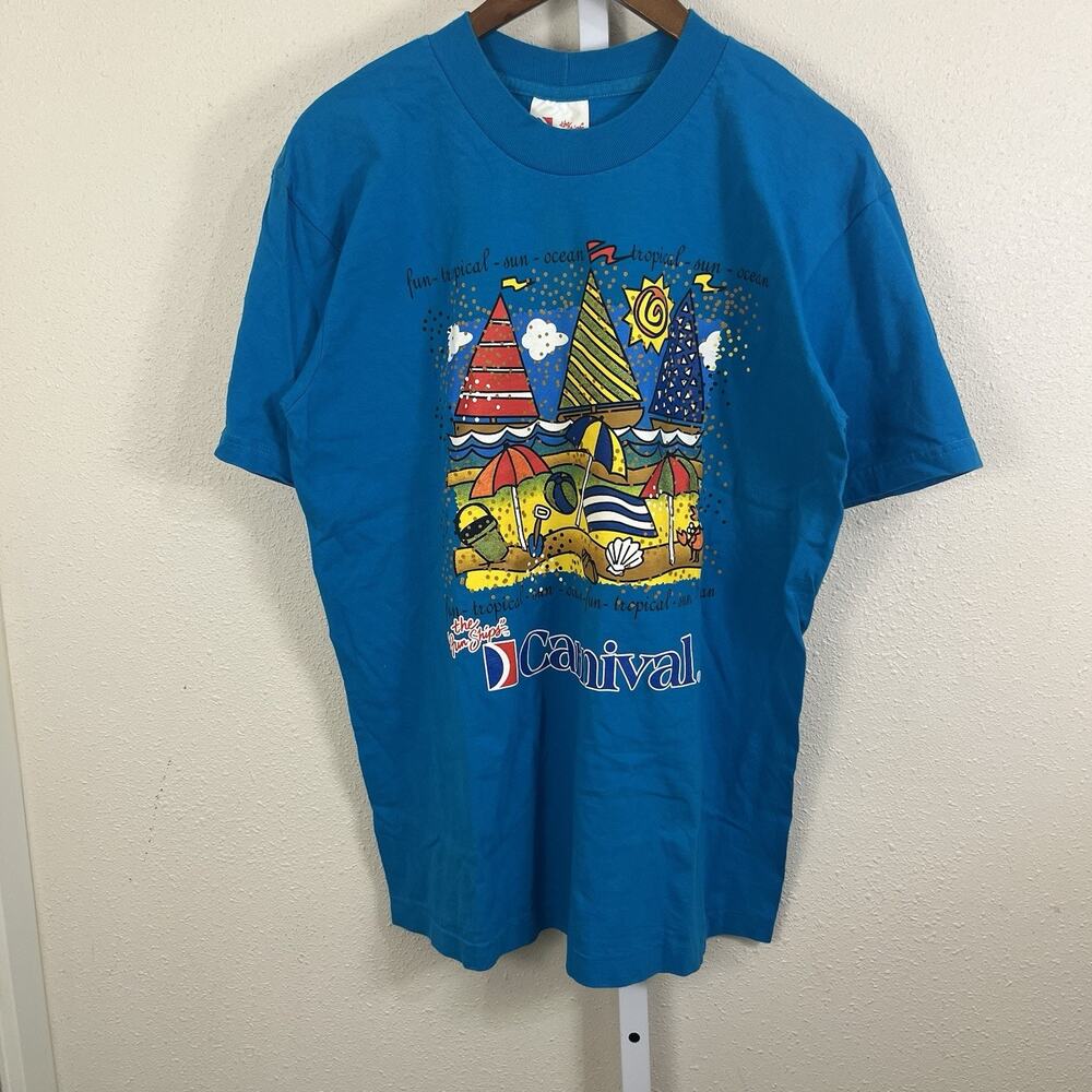 Vintage Carnival Cruise Fun Ships Graphic T Shirt Unisex L Single Stitch Teal